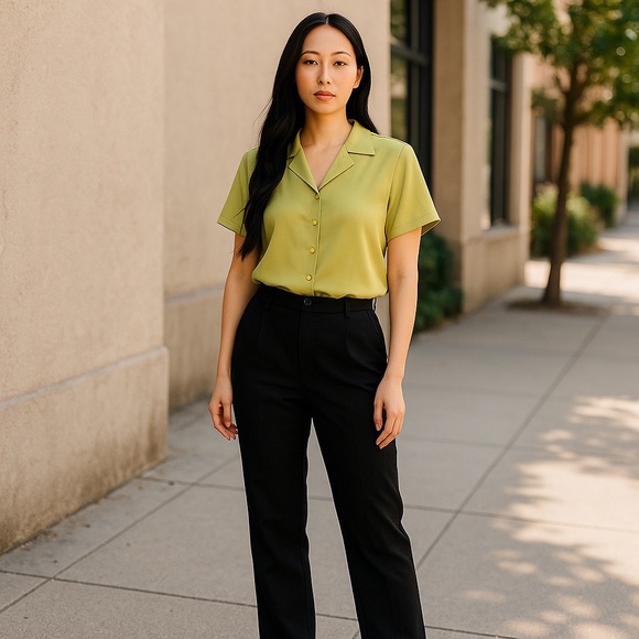 Kasper Tops - Kasper Button Down Shirt Women Short Sleeve V Neck Collared Shirt Green Size 6